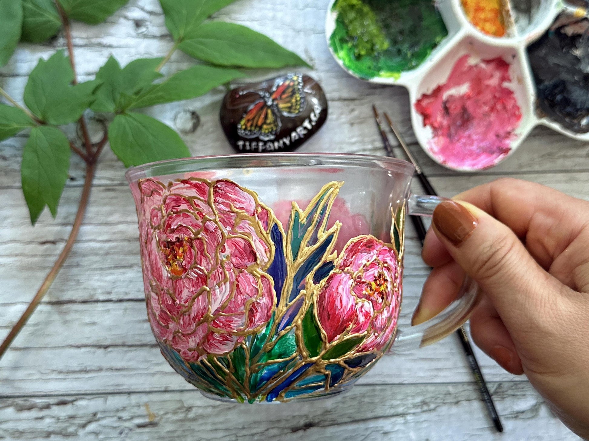 Hand Painted Peony Glass Mug, Pink Floral Art Glass Cup, Unique Handmade Gift for Her, One of a Kind