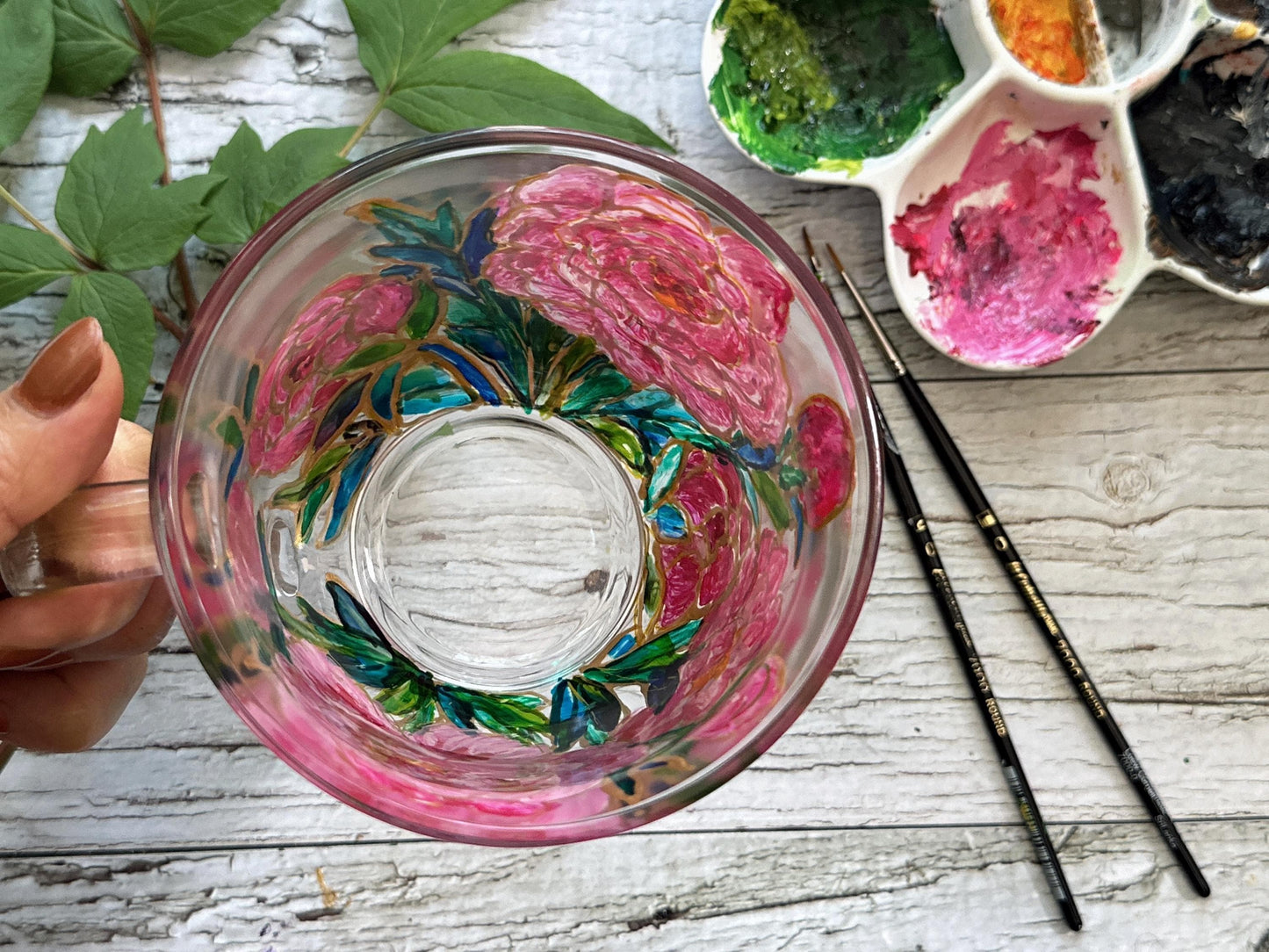 Hand Painted Peony Glass Mug, Pink Floral Art Glass Cup, Unique Handmade Gift for Her, One of a Kind