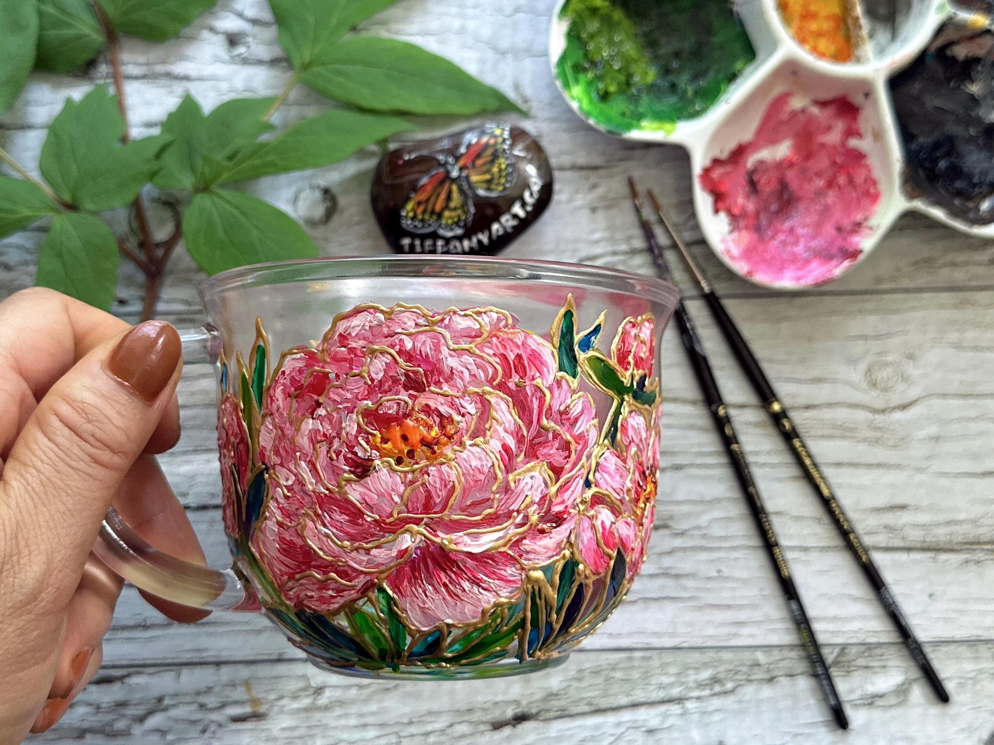 Hand Painted Peony Glass Mug, Pink Floral Art Glass Cup, Unique Handmade Gift for Her, One of a Kind