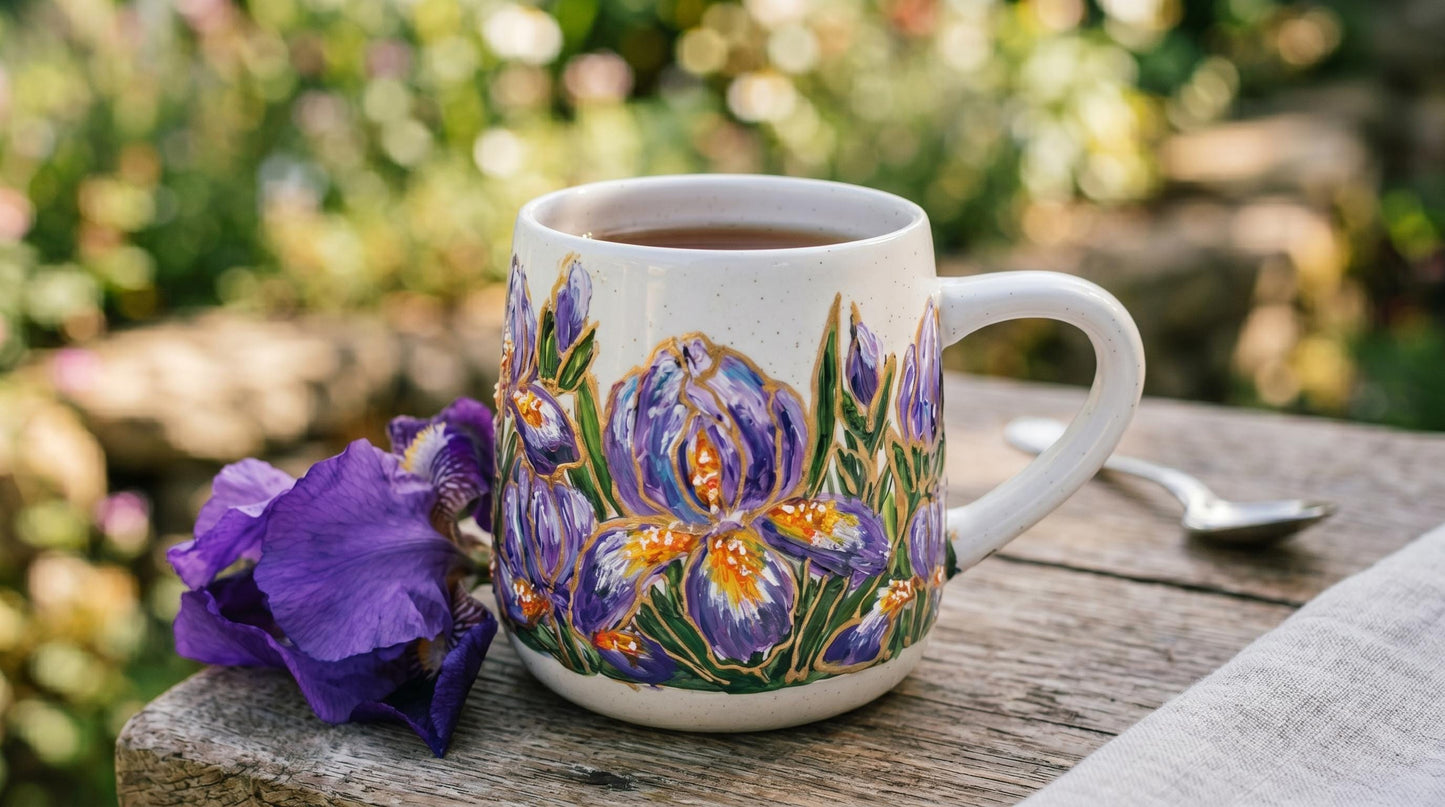 Hand Painted Iris Ceramic Mug, Purple Floral Stoneware Cup, Unique Handmade Gift for Her, One of a Kind Art
