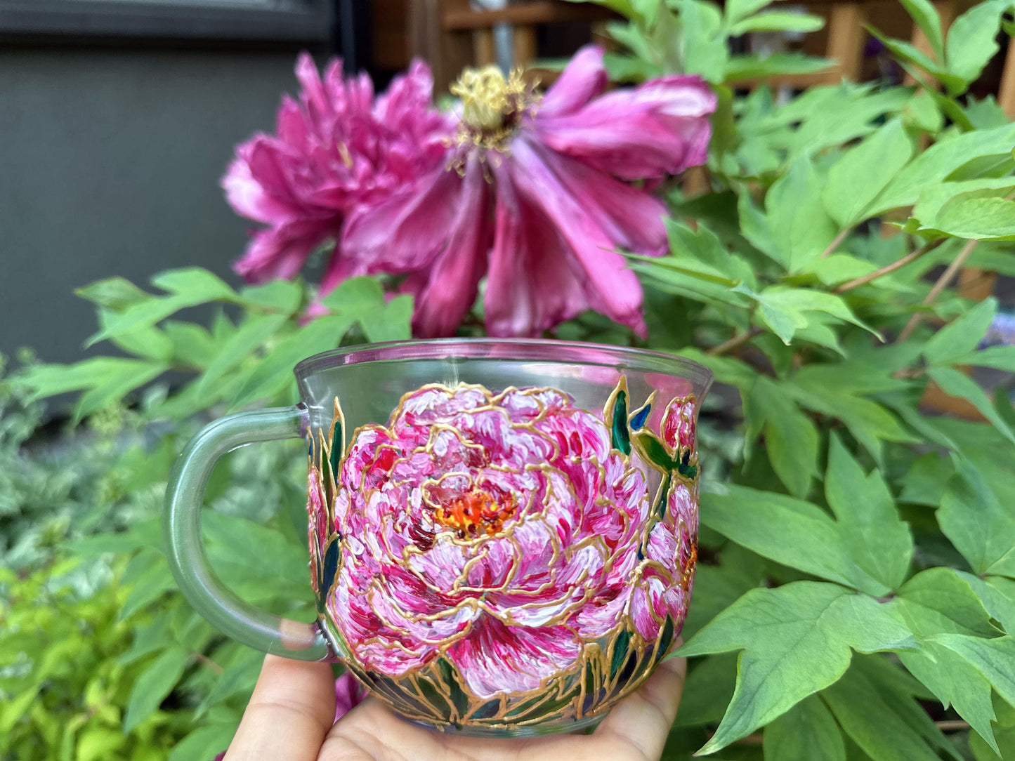 Hand Painted Peony Glass Mug, Pink Floral Art Glass Cup, Unique Handmade Gift for Her, One of a Kind