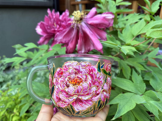 Hand Painted Peony Glass Mug, Pink Floral Art Glass Cup, Unique Handmade Gift for Her, One of a Kind