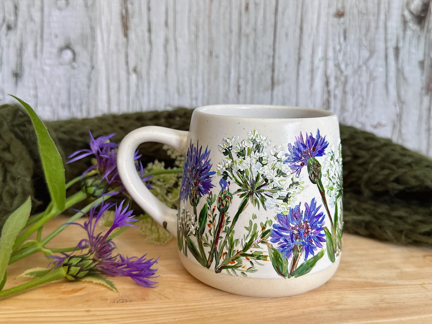 Hand Painted Wildflower Mug, Cornflower Stoneware Cup, Unique Handmade Floral Gift for Her, One of a Kind Art