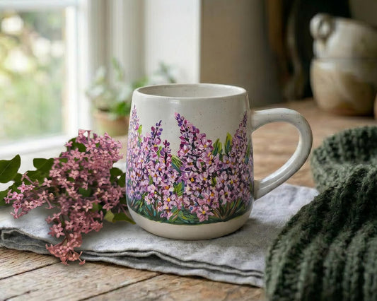 Hand Painted Lilac Mug: Floral Ceramic Stoneware, 12oz