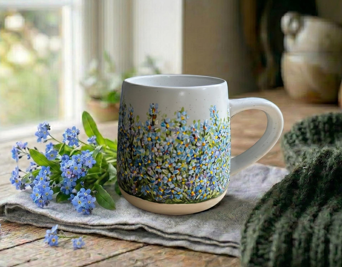 Hand Painted Forget Me Not Mug, Custom Flower Mug, Blue Flower Mug, Forget Me Not Lover Gift, Personalized Name Cup, Gift for Mom, Teacher