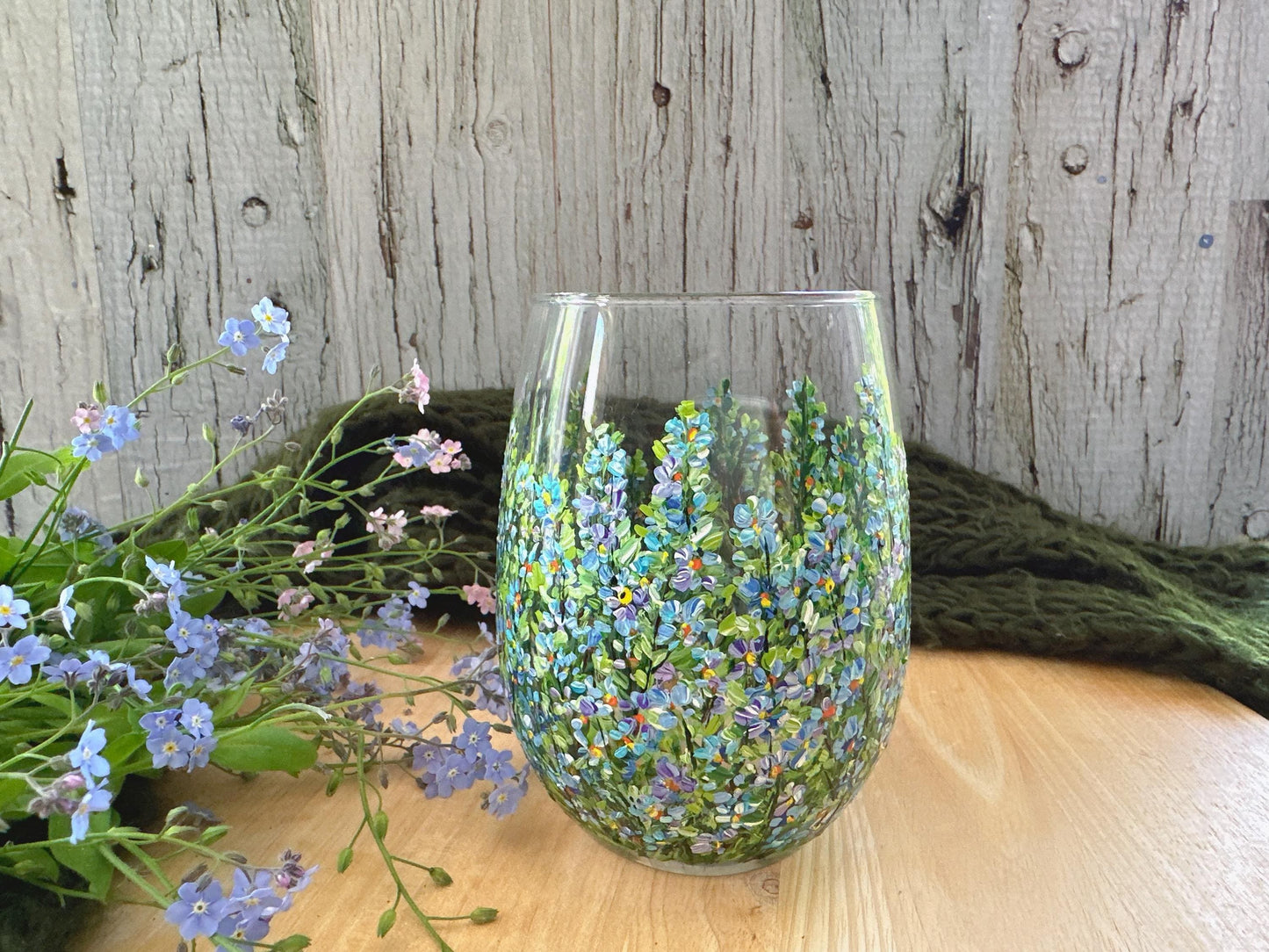 Hand Painted Forget Me Not Wine Glass: Personalized Floral Gift