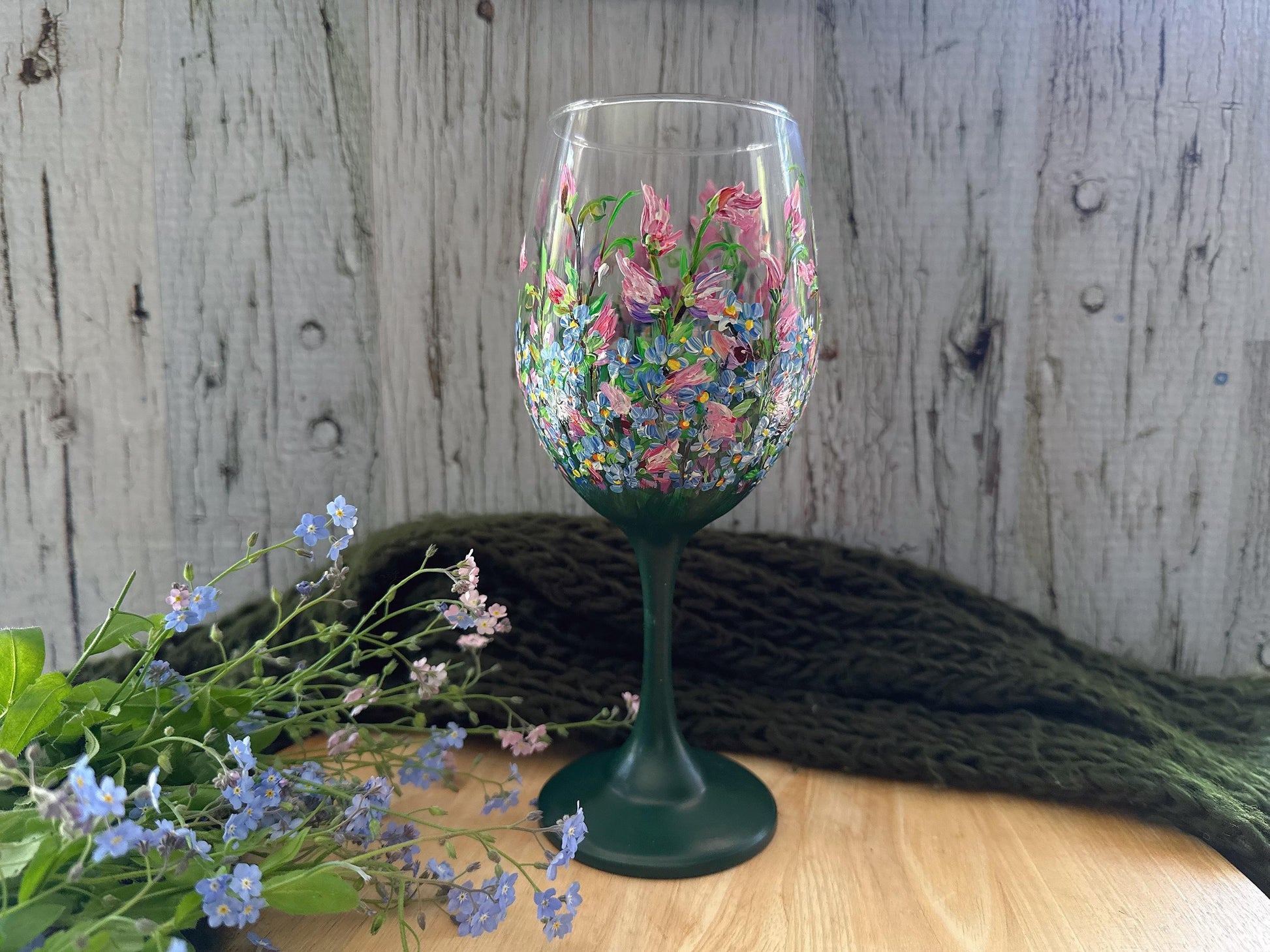 Hand Painted Flower Wine Glass: Sweet Pea & Forget-Me-Not Floral Art, Gift for Mom, Morther's Day