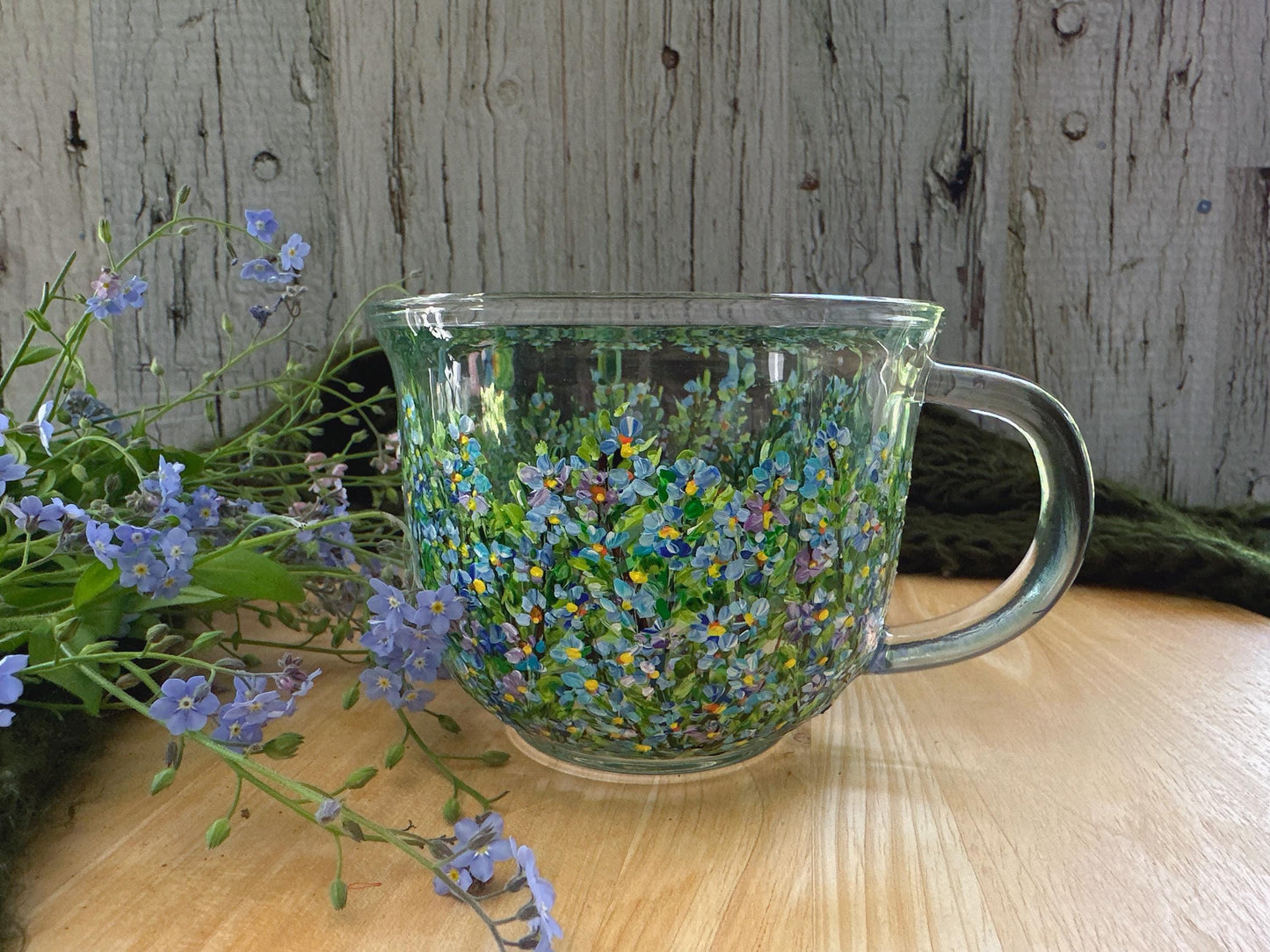 Hand Painted Forget-Me-Not Glass Mug: Personalized Floral Gift