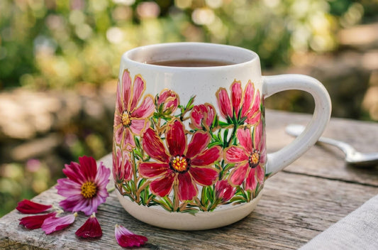 Hand Painted Cosmos Flower Mug, October Birth Flower Mug, Pink Floral Gift,  Gift for Mom Garden Lover, Personalized Floral Gift