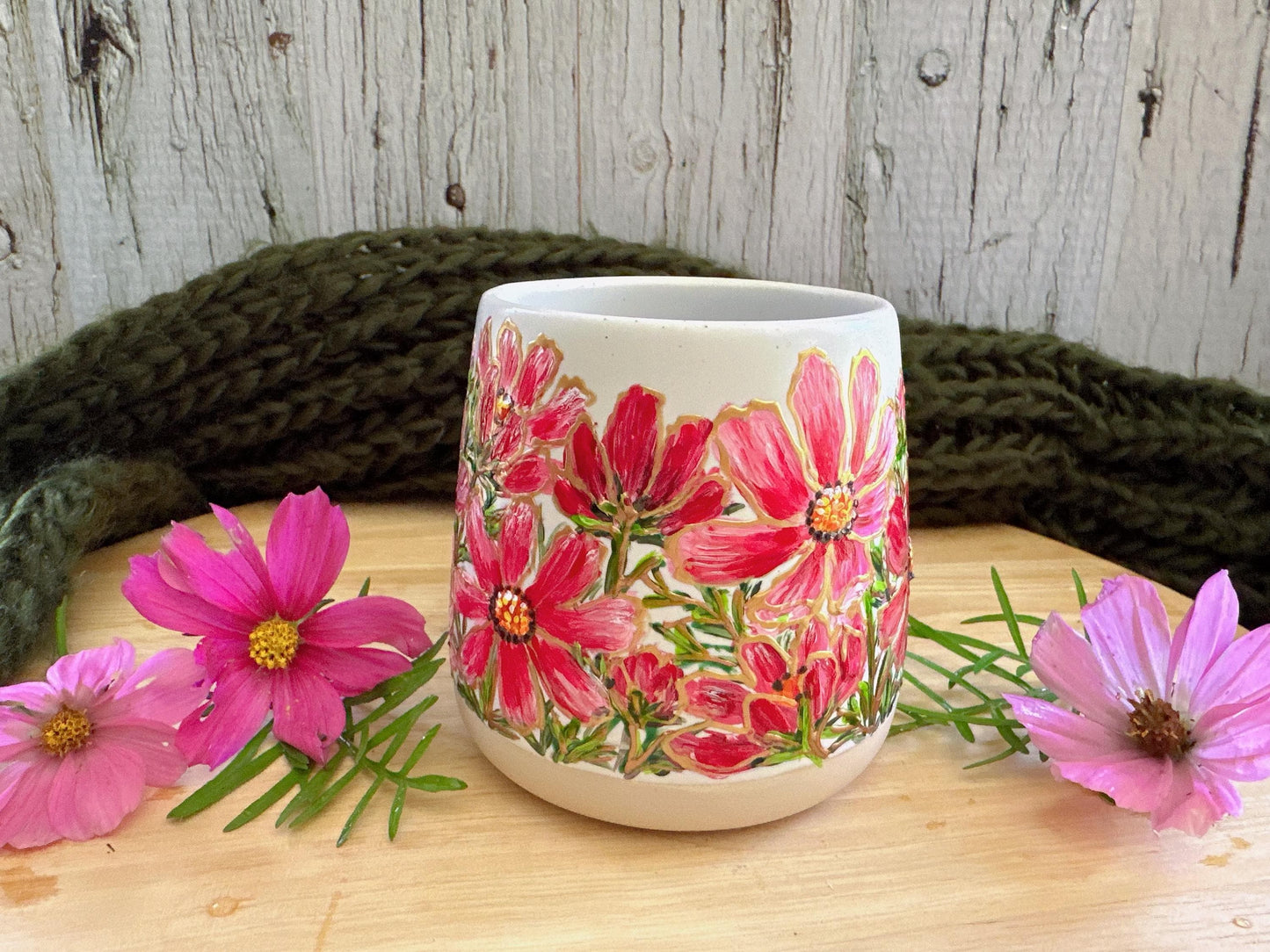 Hand Painted Cosmos Mug, October Birth Flower Gift, Custom Birthday Present for Her, Personalized Ceramic Drinkware, Floral Pottery Gift