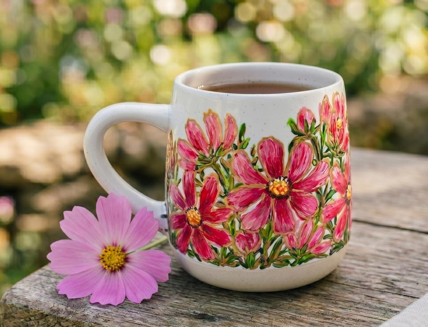 Hand Painted Cosmos Mug, October Birth Flower Gift, Custom Birthday Present for Her, Personalized Ceramic Drinkware, Floral Pottery Gift
