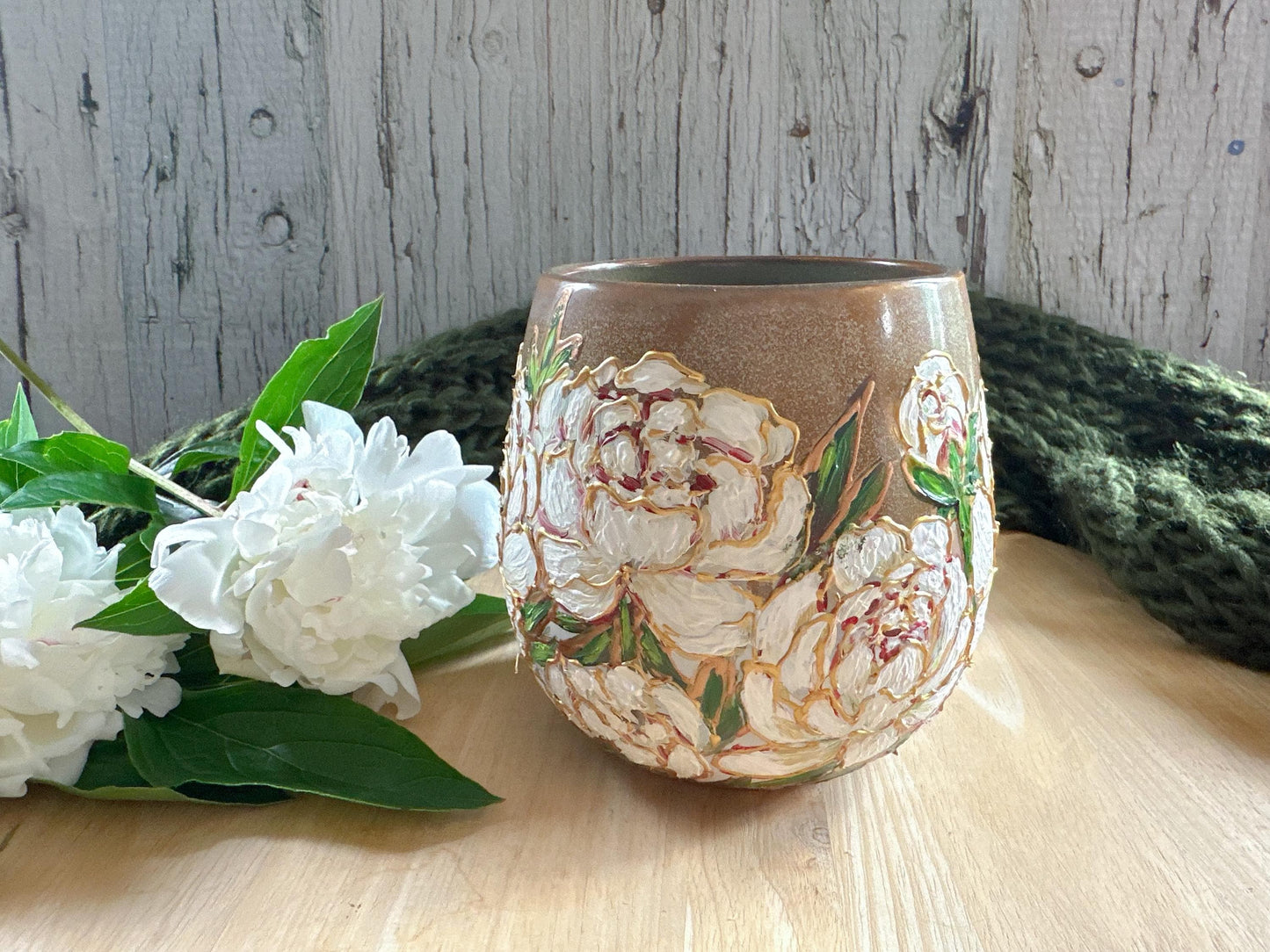 Hand Painted Peony Mug, White Peony Wedding Gift Mug, Bridal Shower Gift, Bridesmaid Gift Mug, Gold Floral Handmade Art Cup