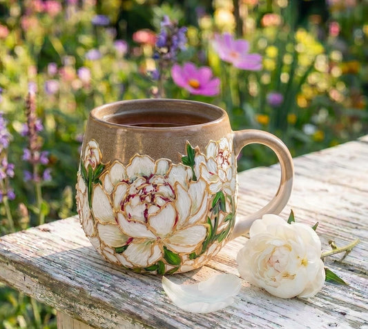 Hand Painted Peony Mug, White Peony Wedding Gift Mug, Bridal Shower Gift, Bridesmaid Gift Mug, Gold Floral Handmade Art Cup