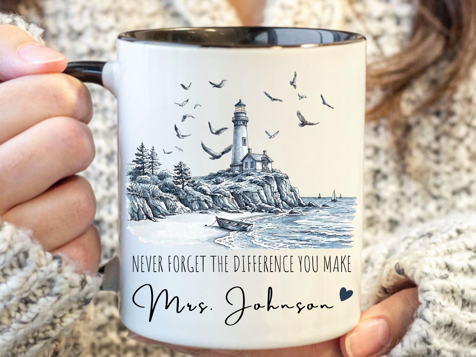 Personalized Teacher Mug, Custom Name Lighthouse Mug, Never Forget the Difference You Make, Teacher Appreciation Gift