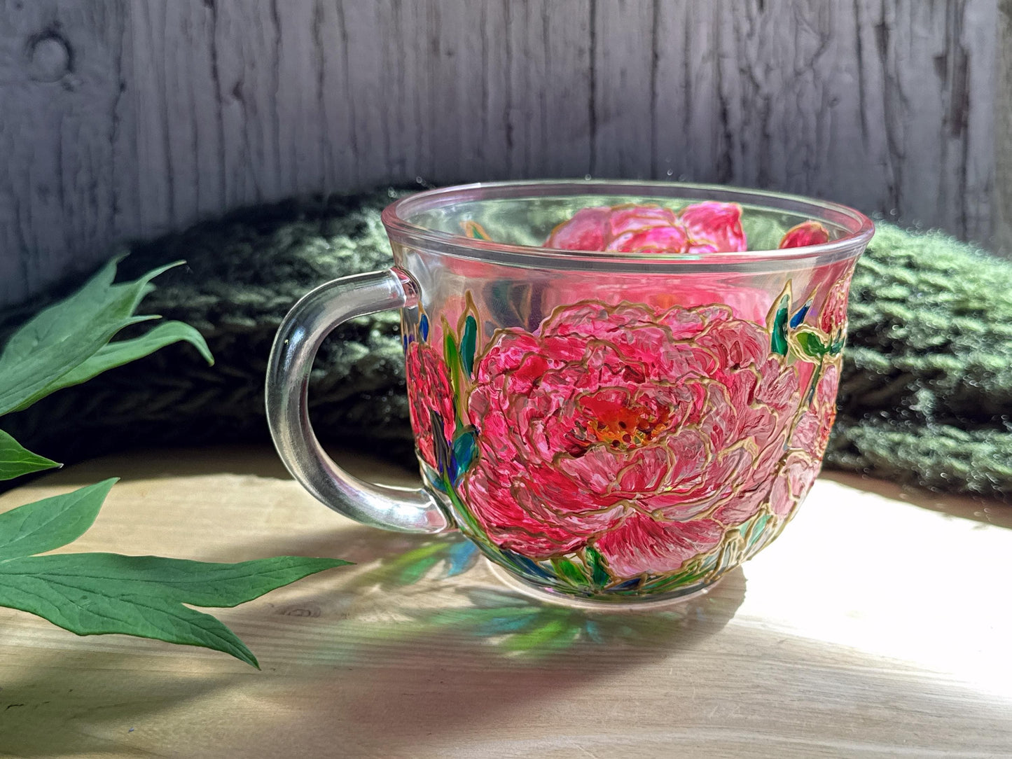 Hand Painted Peony Glass Mug, Pink Floral Art Glass Cup, Unique Handmade Gift for Her, One of a Kind
