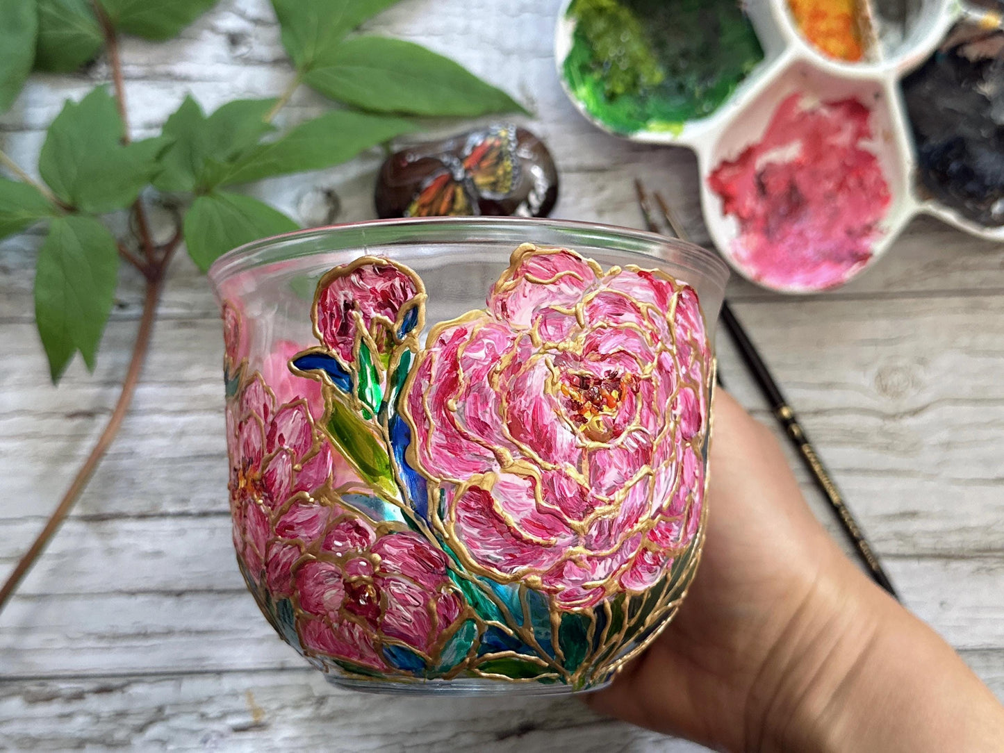 Hand Painted Peony Glass Mug, Pink Floral Art Glass Cup, Unique Handmade Gift for Her, One of a Kind