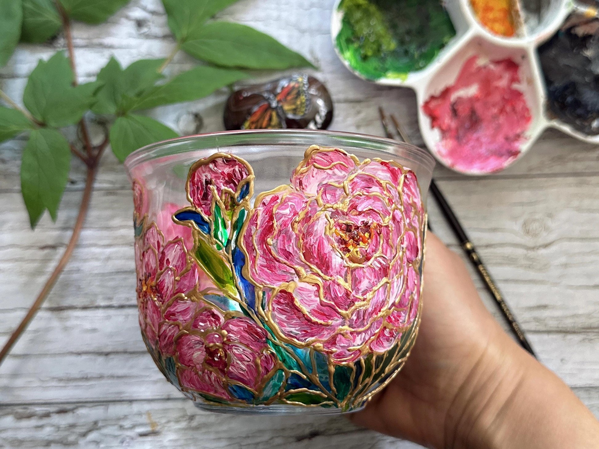 Hand Painted Peony Glass Mug, Pink Floral Art Glass Cup, Unique Handmade Gift for Her, One of a Kind