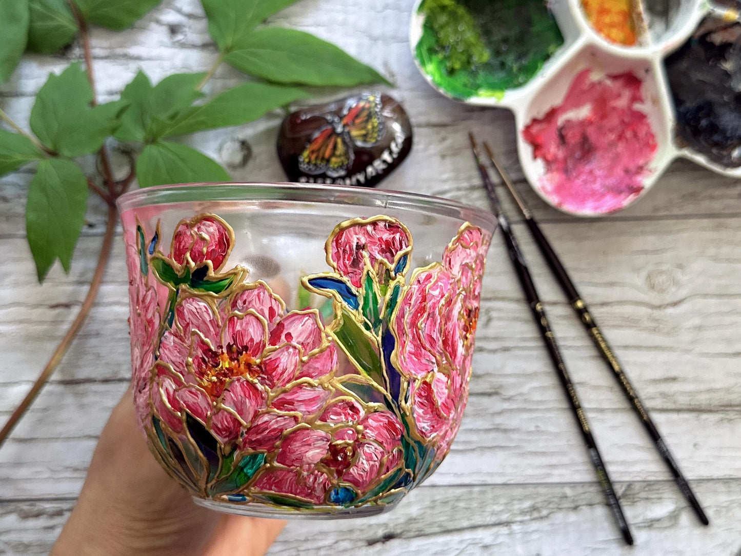 Hand Painted Peony Glass Mug, Pink Floral Art Glass Cup, Unique Handmade Gift for Her, One of a Kind