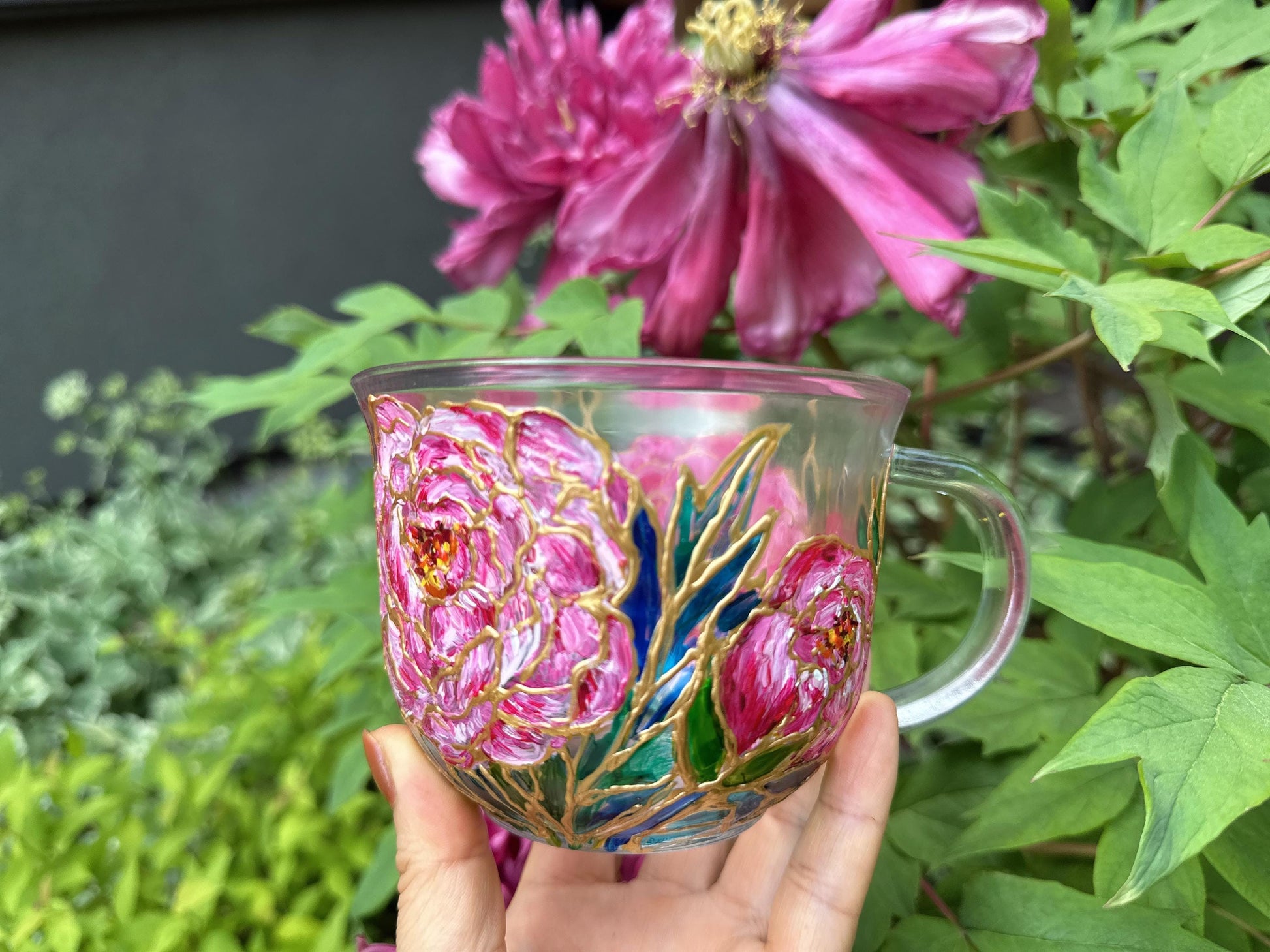 Hand Painted Peony Glass Mug, Pink Floral Art Glass Cup, Unique Handmade Gift for Her, One of a Kind