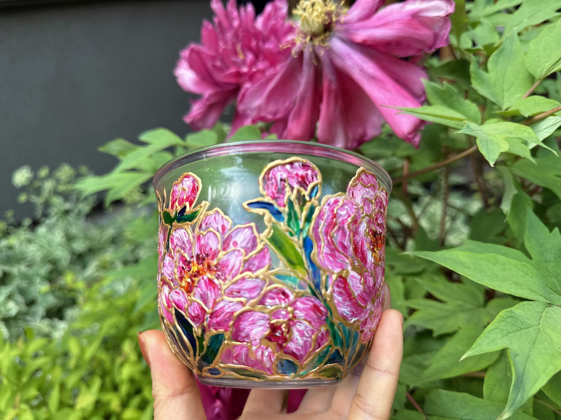 Hand Painted Peony Glass Mug, Pink Floral Art Glass Cup, Unique Handmade Gift for Her, One of a Kind