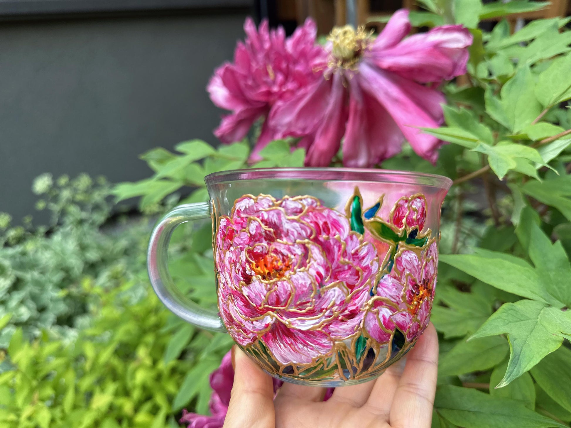 Hand Painted Peony Glass Mug, Pink Floral Art Glass Cup, Unique Handmade Gift for Her, One of a Kind