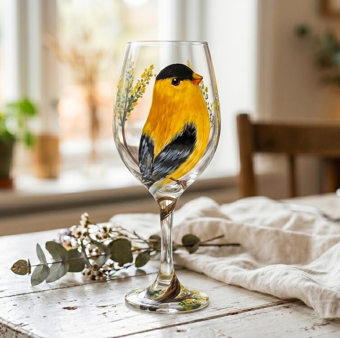 Hand Painted Goldfinch Wine Glass, Yellow Bird Gift, Bird Lover Gift, Bird Birthday Gift, Bird Watcher, Gift for Mom, Dad, Teacher, Boss