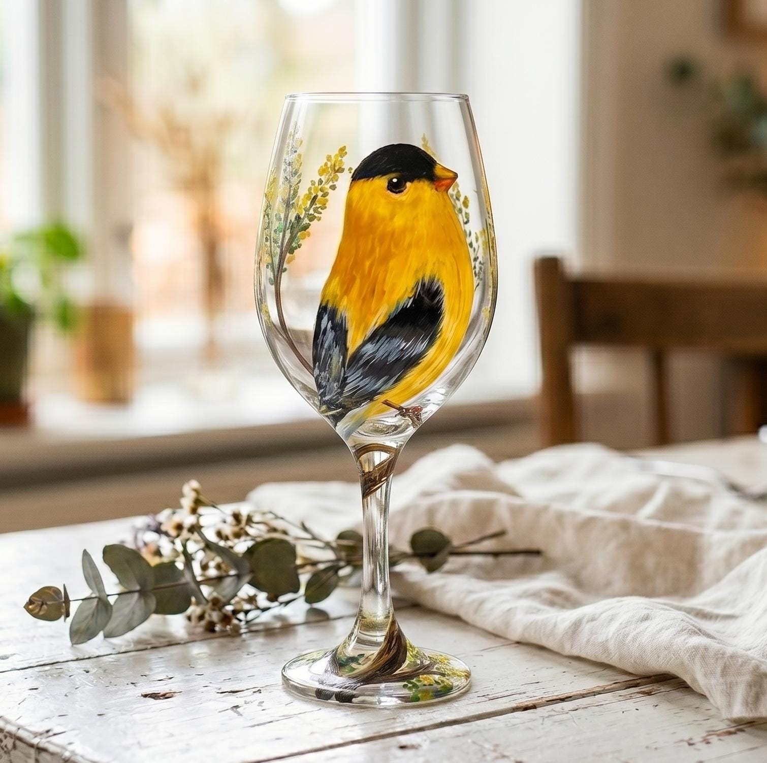 Hand Painted Goldfinch Wine Glass, Yellow Bird Gift, Bird Lover Gift, Bird Birthday Gift, Bird Watcher, Gift for Mom, Dad, Teacher, Boss