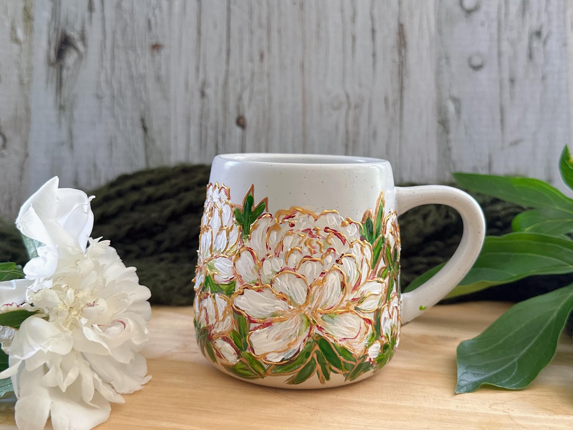 Hand Painted White Peony Mug, Bridal Shower Gift, Floral Wedding Gift for Bride, Custom Ceramic Coffee Cup, Peony Lover Gift