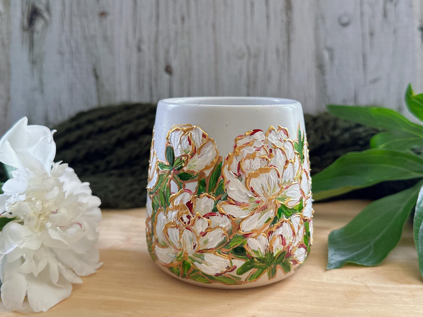 Hand Painted White Peony Mug, Bridal Shower Gift, Floral Wedding Gift for Bride, Custom Ceramic Coffee Cup, Peony Lover Gift