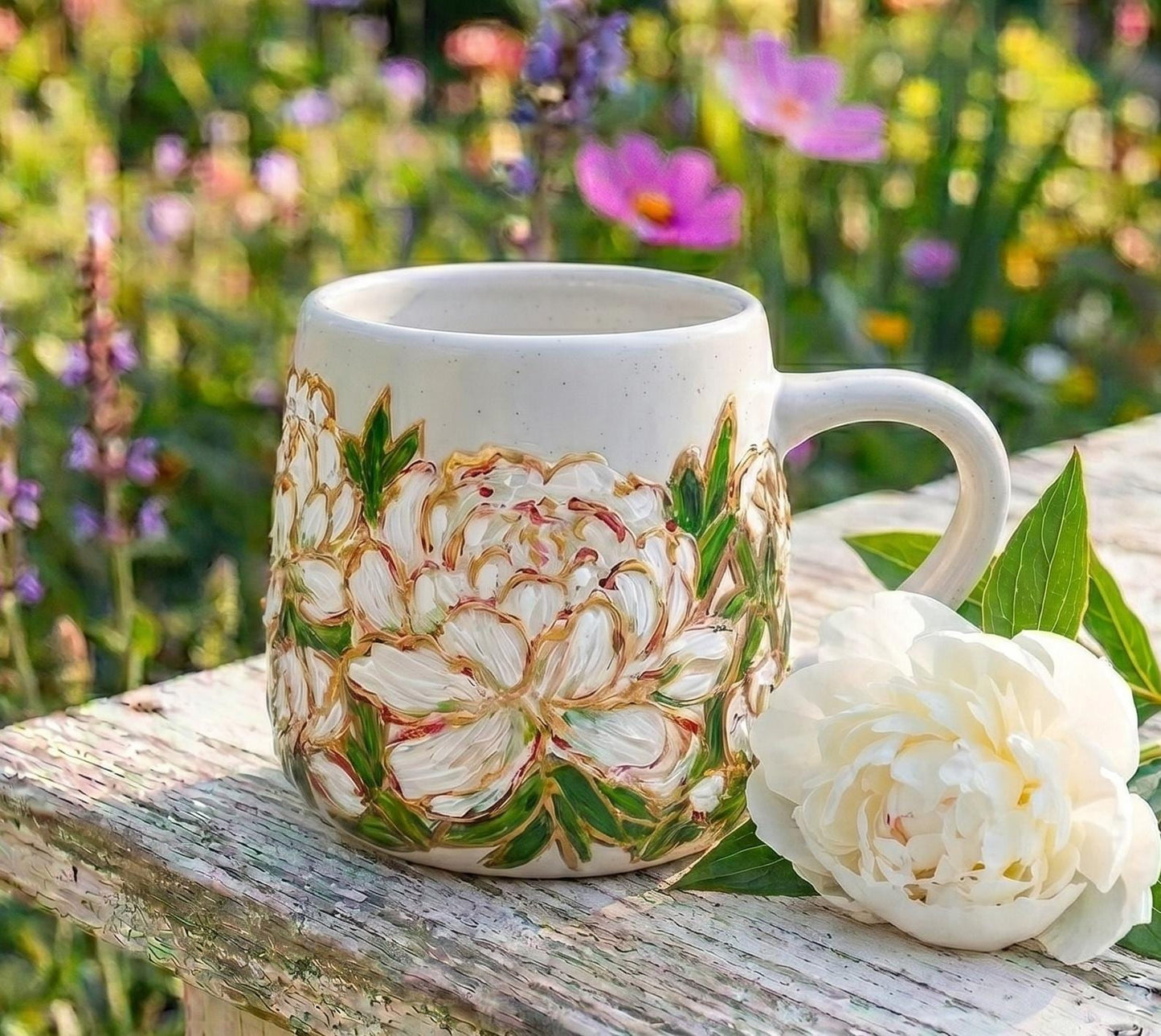 Hand Painted White Peony Mug, Bridal Shower Gift, Floral Wedding Gift for Bride, Custom Ceramic Coffee Cup, Peony Lover Gift