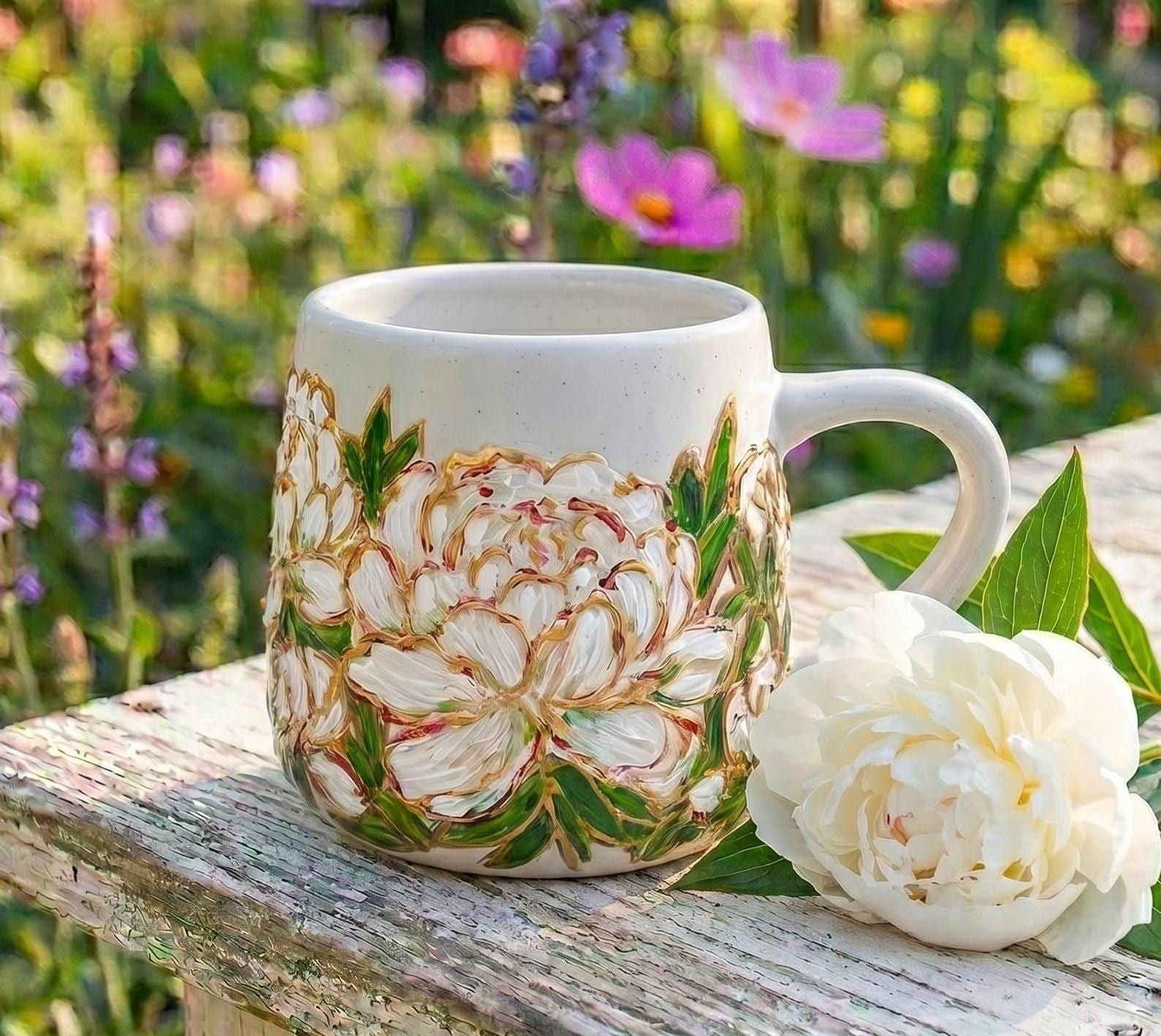 Hand Painted White Peony Mug, Bridal Shower Gift, Floral Wedding Gift for Bride, Custom Ceramic Coffee Cup, Peony Lover Gift