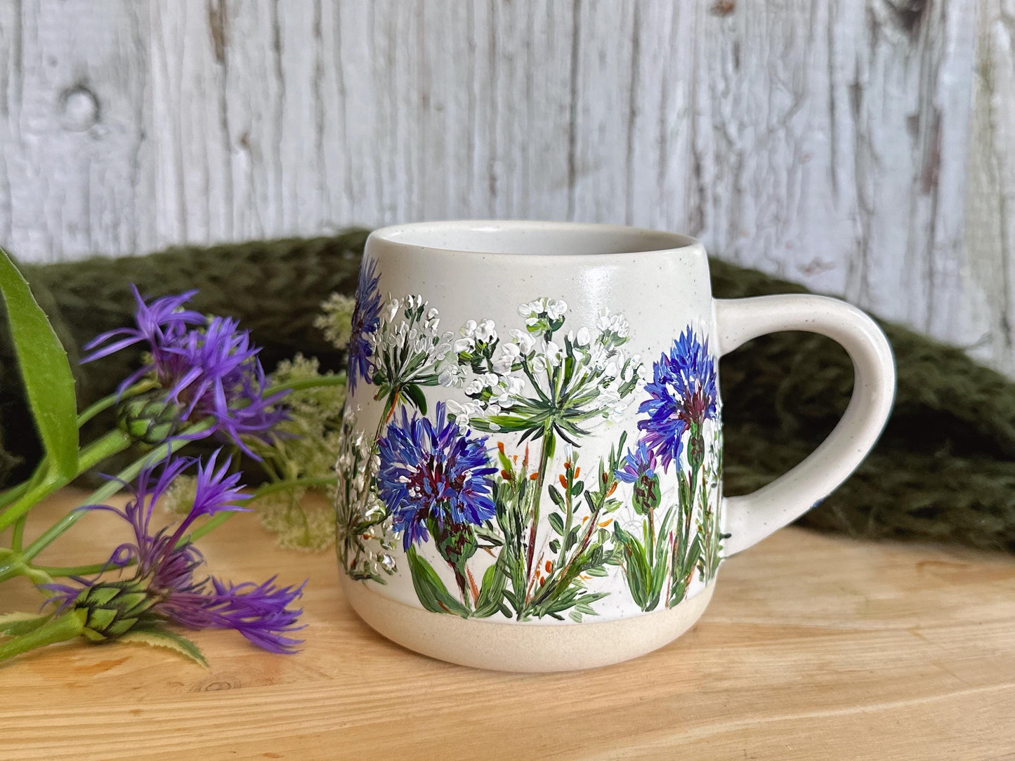 Hand Painted Wildflower Mug, Cornflower Stoneware Cup, Unique Handmade Floral Gift for Her, One of a Kind Art