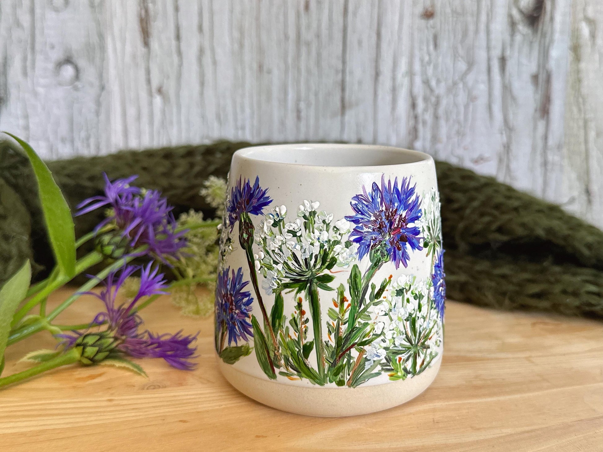 Hand Painted Wildflower Mug, Cornflower Stoneware Cup, Unique Handmade Floral Gift for Her, One of a Kind Art