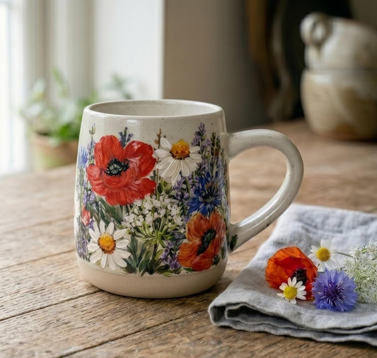Hand Painted Poppy Wildflower Mug, Cornflower Daisy Stoneware Cup, Unique Handmade Floral Gift for Her