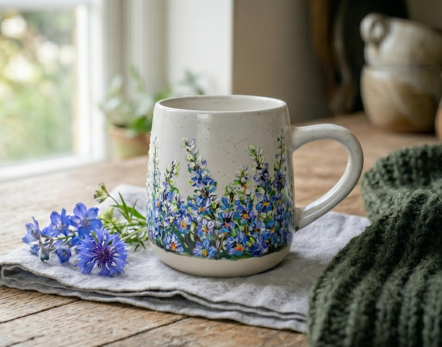 Hand Painted Larkspur July Birth Flower Mug,Gift For Mom, Grandma, Sister, Aunt, Best Friend, Cousin, Bridesmaid, Birthday, Larkspur Gift
