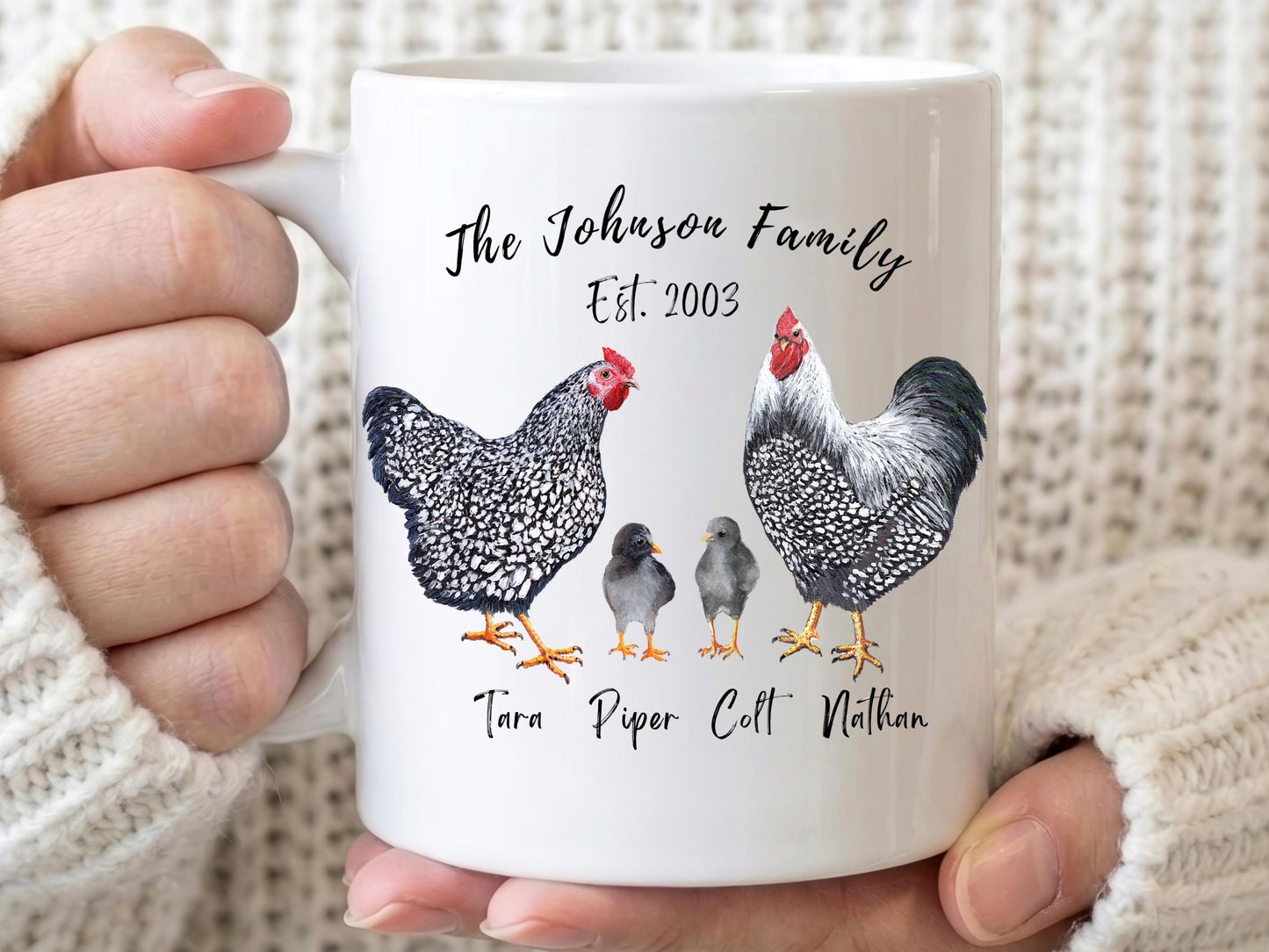 Personalized Chicken Family Mug, Custom Name Hen Rooster Chick Cup, Farmhouse Gift for Chicken Lover