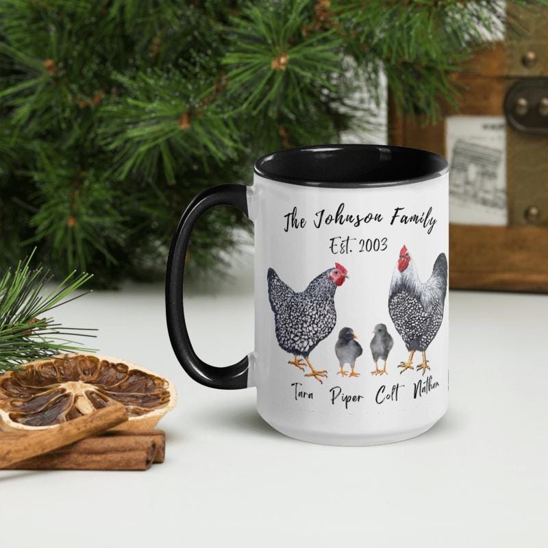 Personalized Chicken Family Mug, Custom Name Hen Rooster Chick Cup, Farmhouse Gift for Chicken Lover