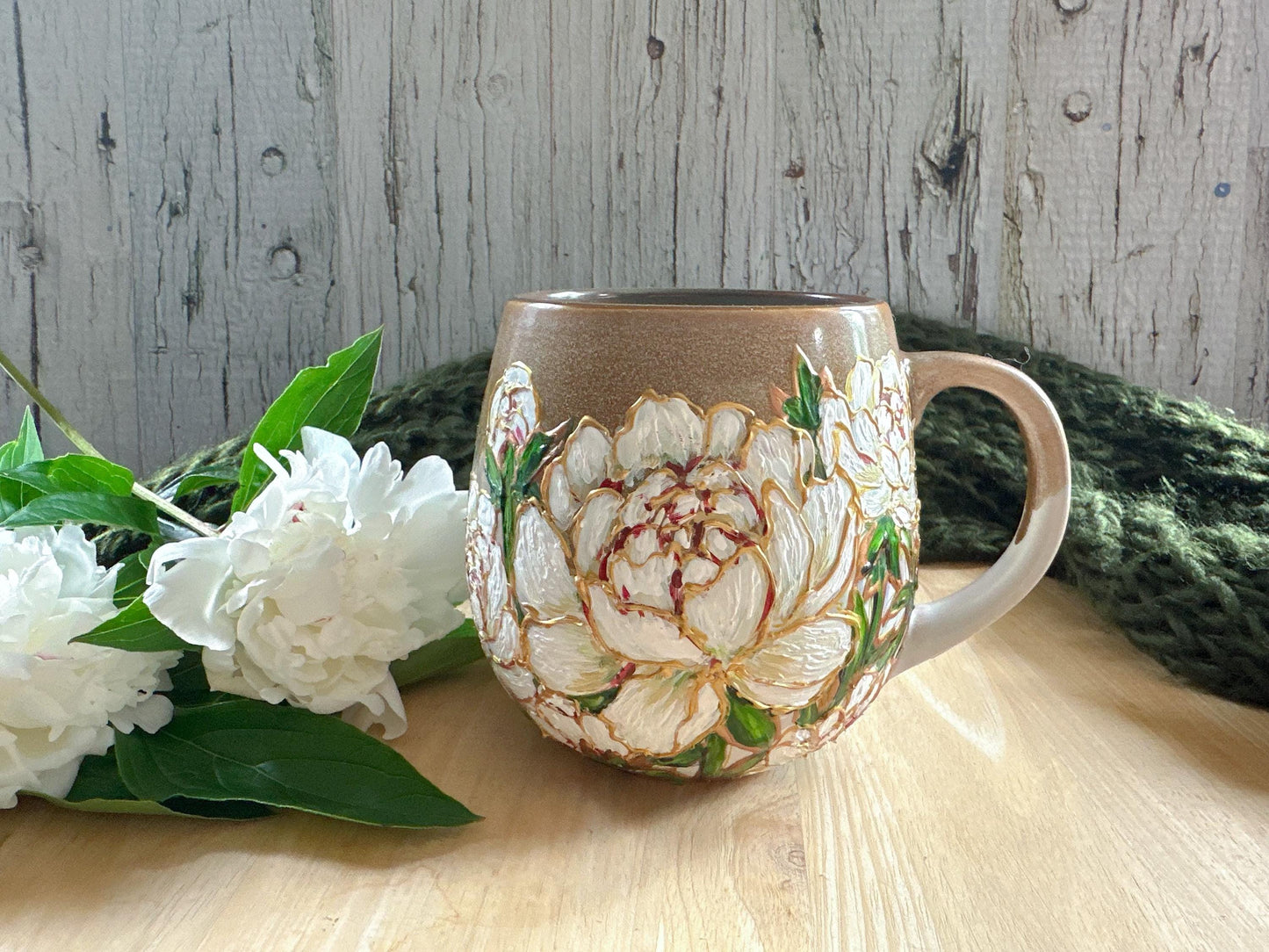 Hand Painted Peony Mug, White Peony Wedding Gift Mug, Bridal Shower Gift, Bridesmaid Gift Mug, Gold Floral Handmade Art Cup