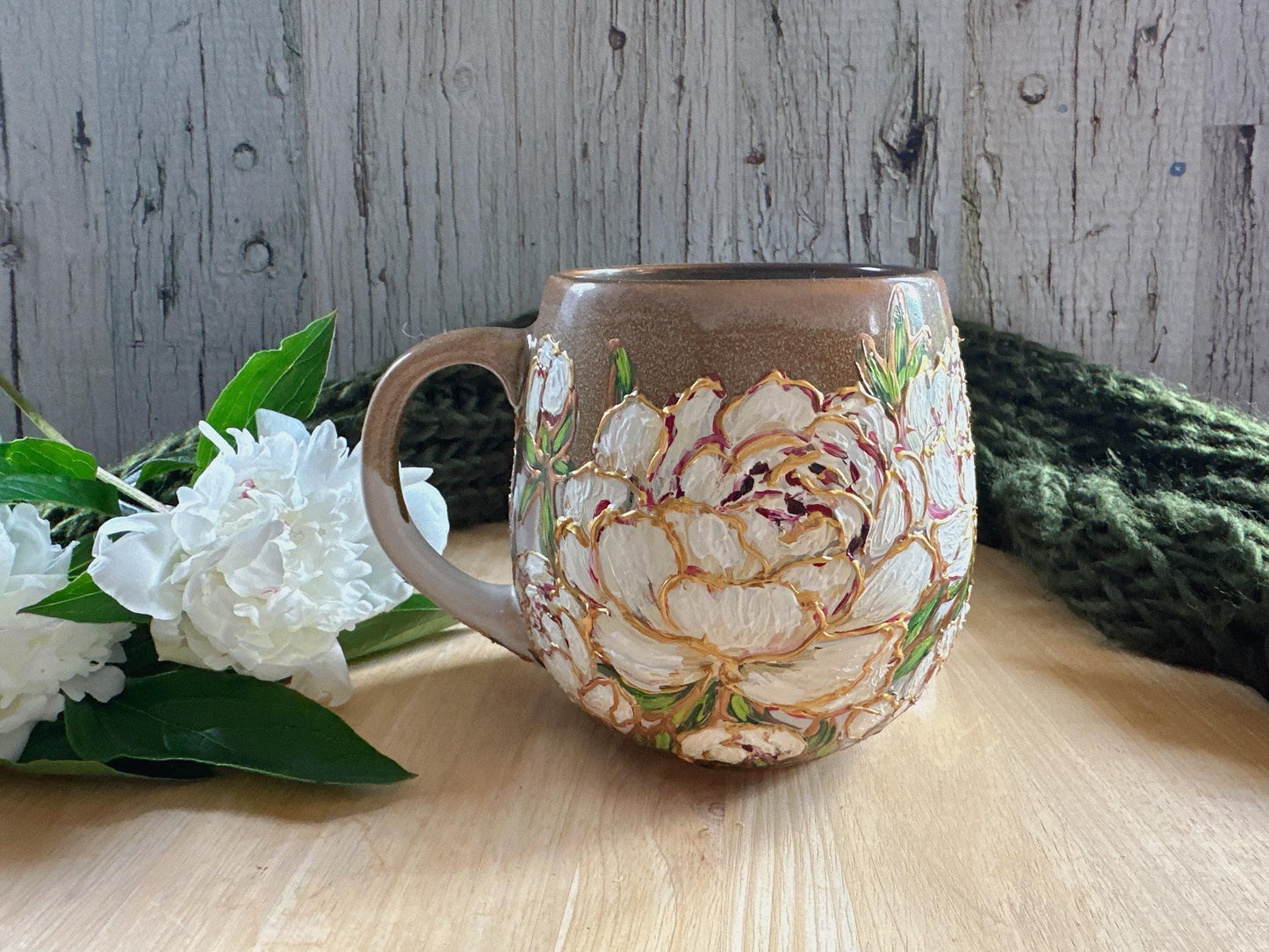Hand Painted Peony Mug, White Peony Wedding Gift Mug, Bridal Shower Gift, Bridesmaid Gift Mug, Gold Floral Handmade Art Cup