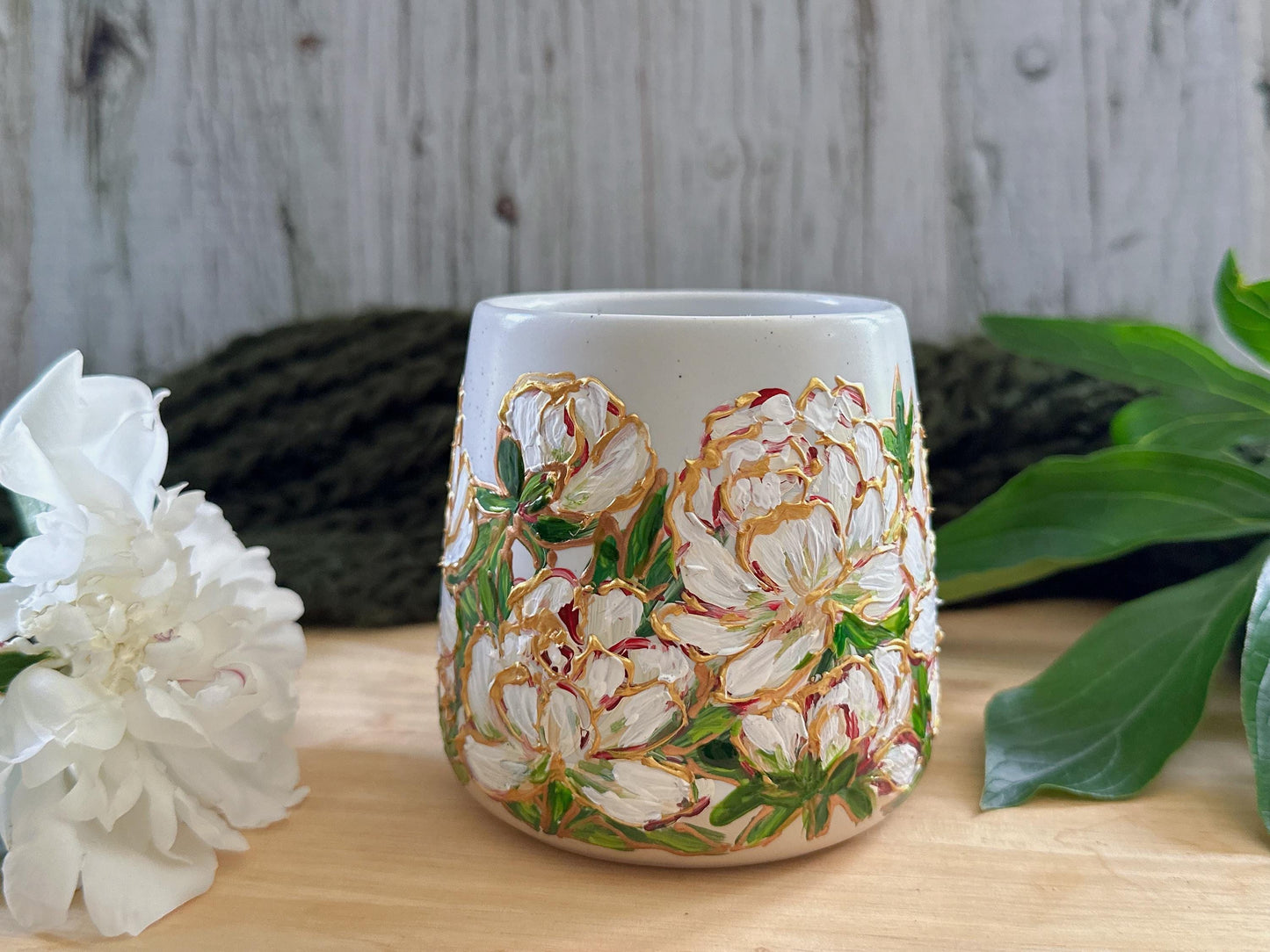 Hand Painted White Peony Mug, Bridal Shower Gift, Floral Wedding Gift for Bride, Custom Ceramic Coffee Cup, Peony Lover Gift