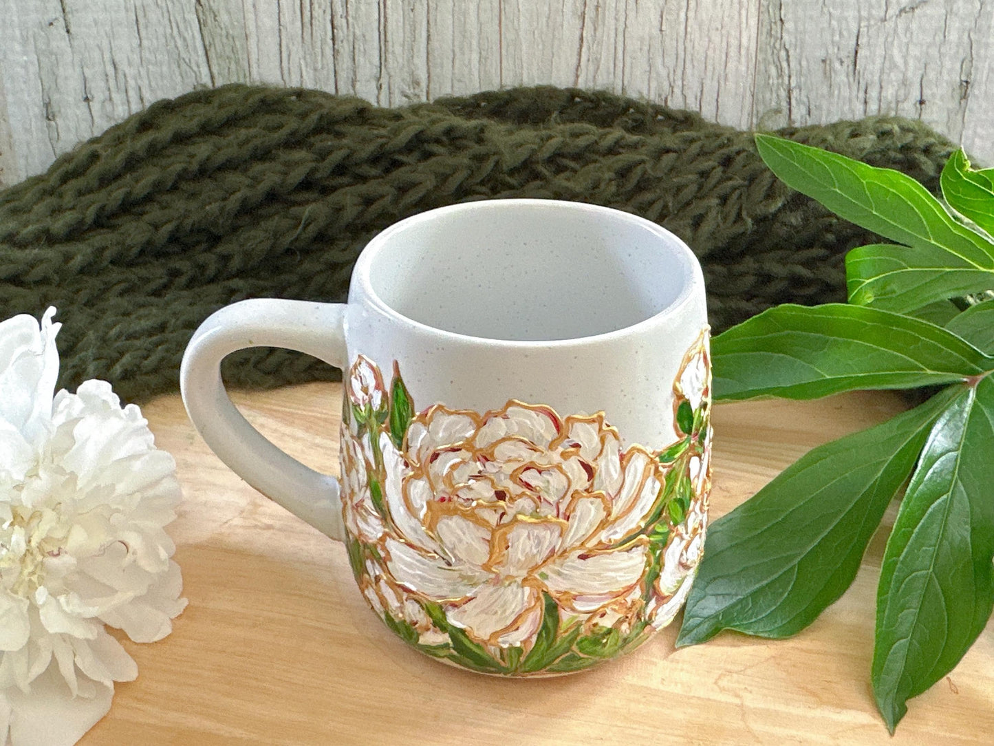 Hand Painted White Peony Mug, Bridal Shower Gift, Floral Wedding Gift for Bride, Custom Ceramic Coffee Cup, Peony Lover Gift