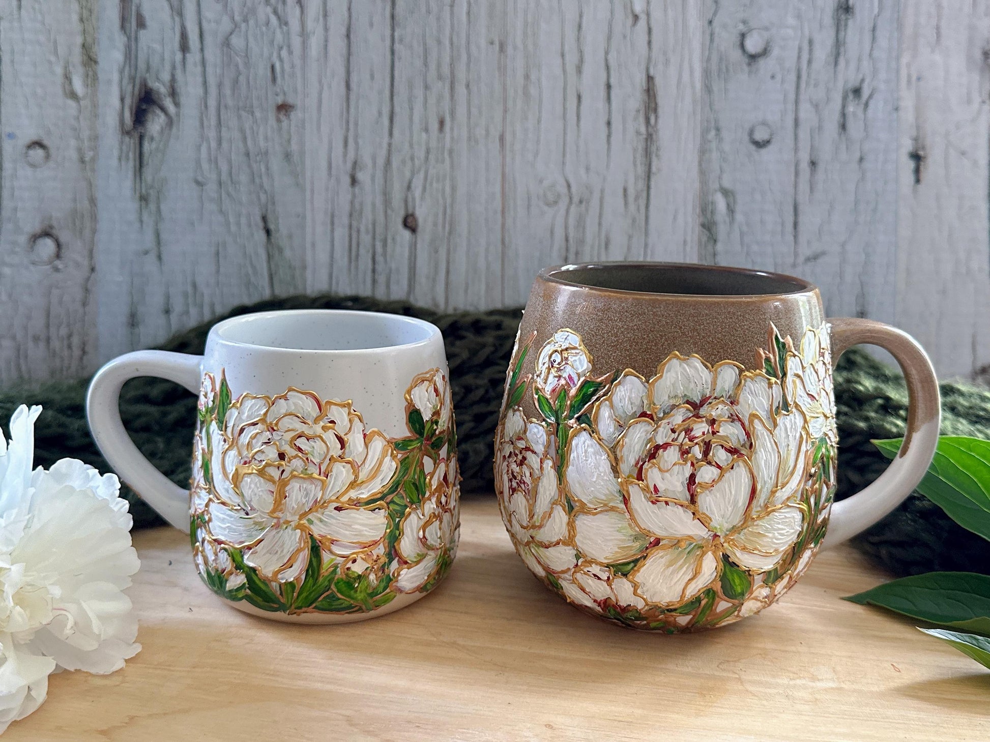 Hand Painted White Peony Mug, Bridal Shower Gift, Floral Wedding Gift for Bride, Custom Ceramic Coffee Cup, Peony Lover Gift