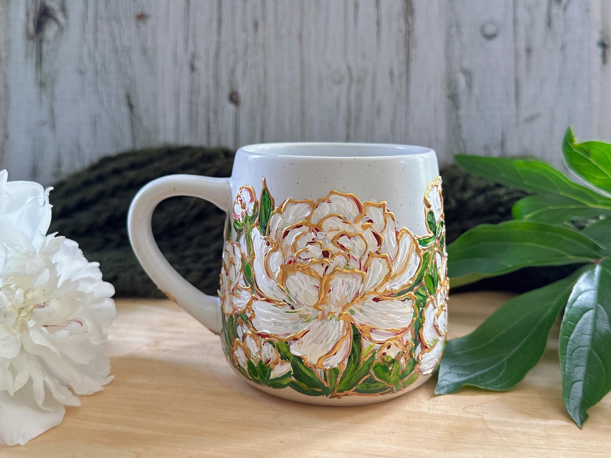 Hand Painted White Peony Mug, Bridal Shower Gift, Floral Wedding Gift for Bride, Custom Ceramic Coffee Cup, Peony Lover Gift