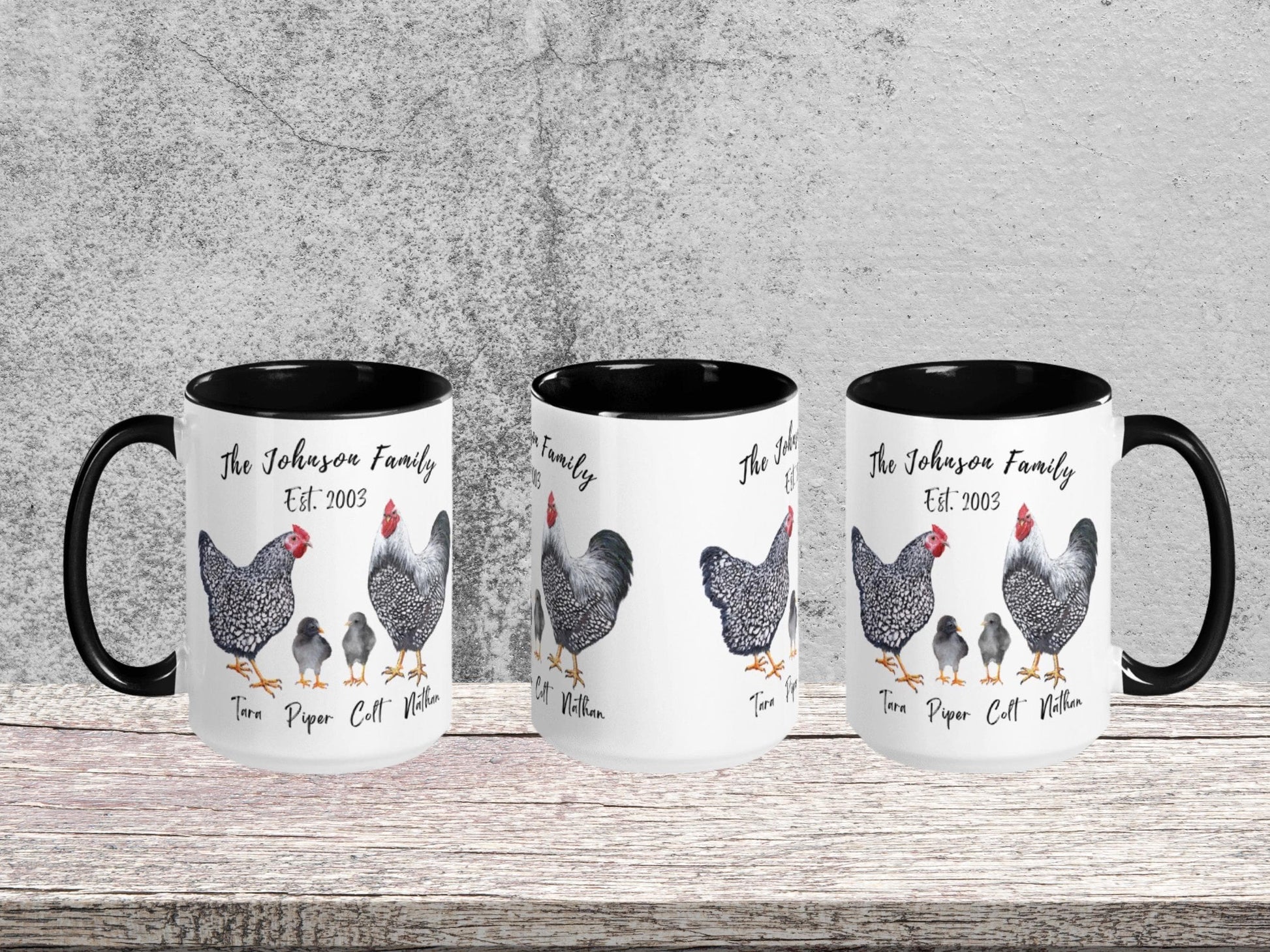 Personalized Chicken Family Mug, Custom Name Hen Rooster Chick Cup, Farmhouse Gift for Chicken Lover