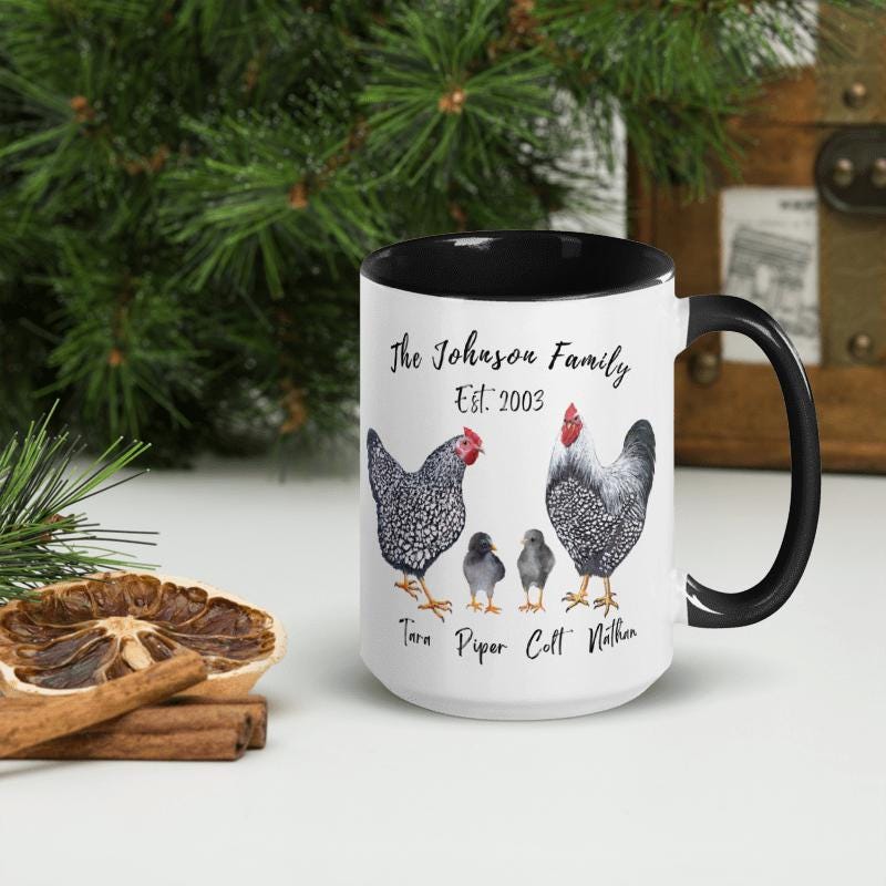 Personalized Chicken Family Mug, Custom Name Hen Rooster Chick Cup, Farmhouse Gift for Chicken Lover