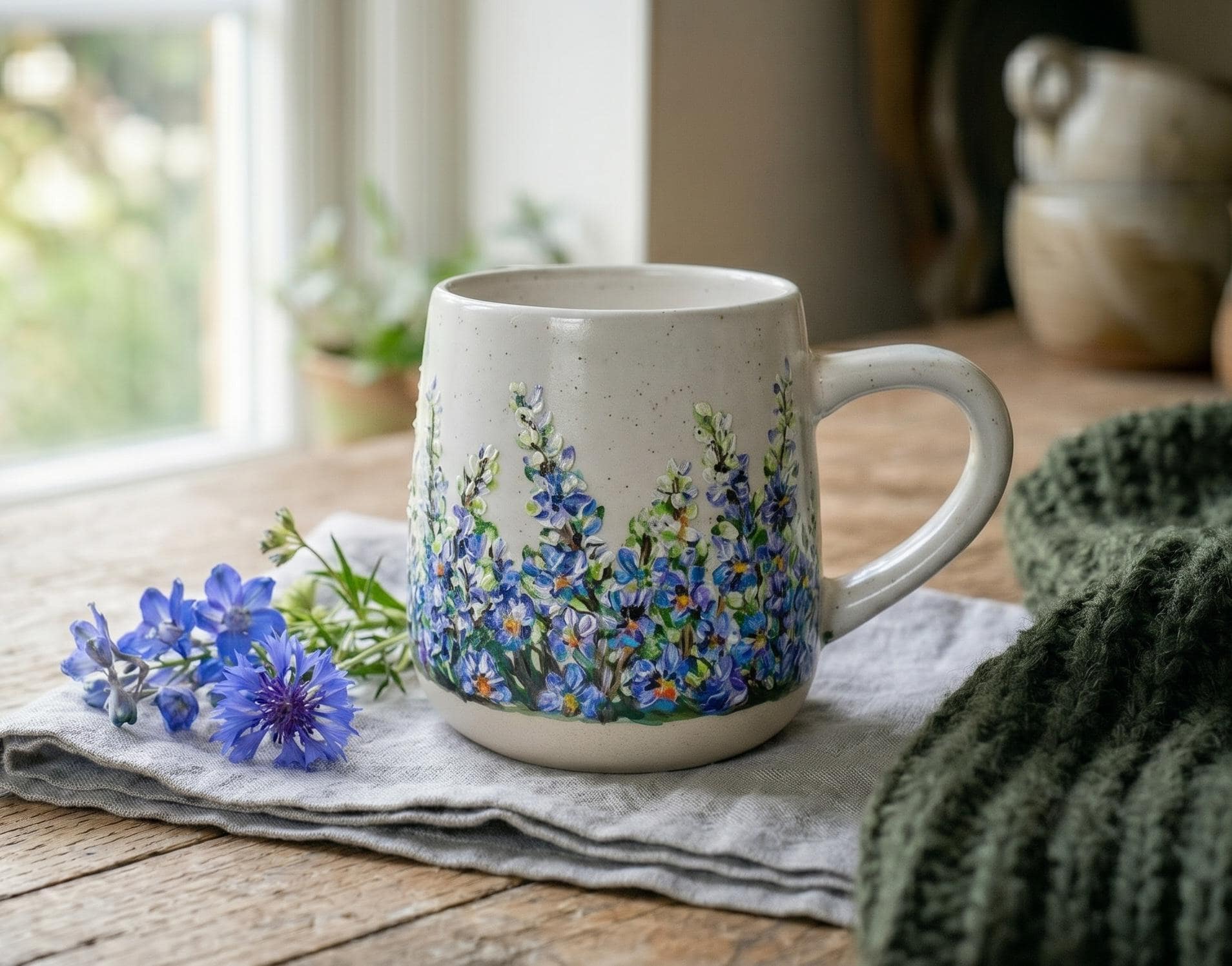 Custom Hand Painted Larkspur Mug, July Birth Flower Gift, Birthday Gift for Mom, Personalized Coffee Cup for Her