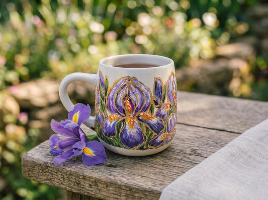 Custom Hand Painted Iris Mug, February Birth Flower Coffee Cup, Personalized Birthday Gift for Coworker