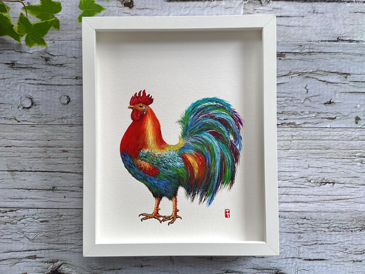 Original Framed Rainbow Rooster Painting, Colorful Farmhouse Wall Art Ready to Hang, Kitchen Decor