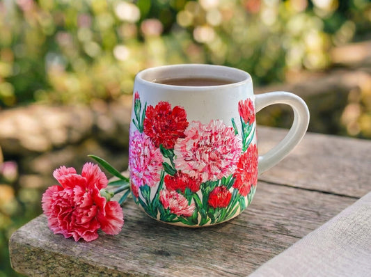 Custom Hand Painted Carnation Mug, January Birth Flower Coffee Cup, Personalized Gift for Mom