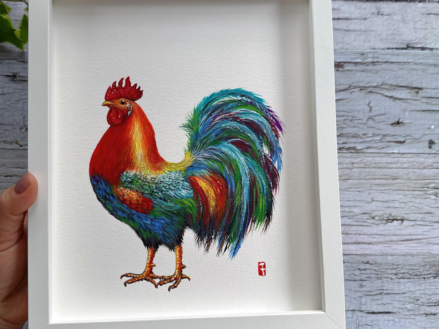 Original Framed Rainbow Rooster Painting, Colorful Farmhouse Wall Art Ready to Hang, Kitchen Decor